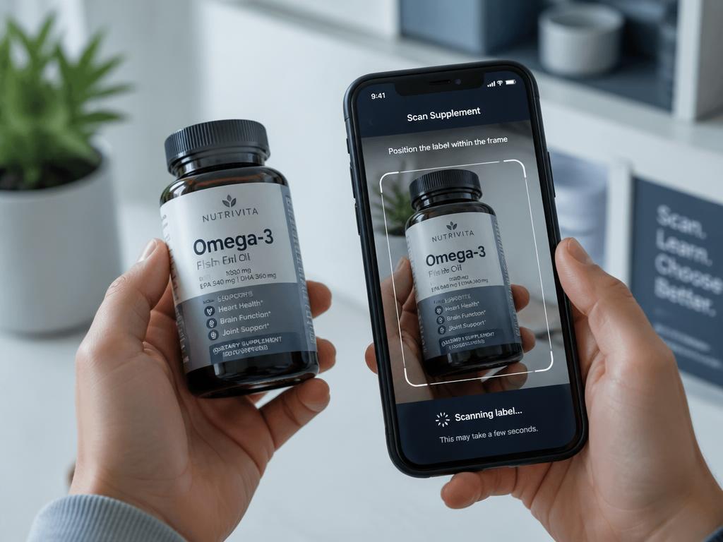 Supplement bottle being scanned by the Getnutricheck app